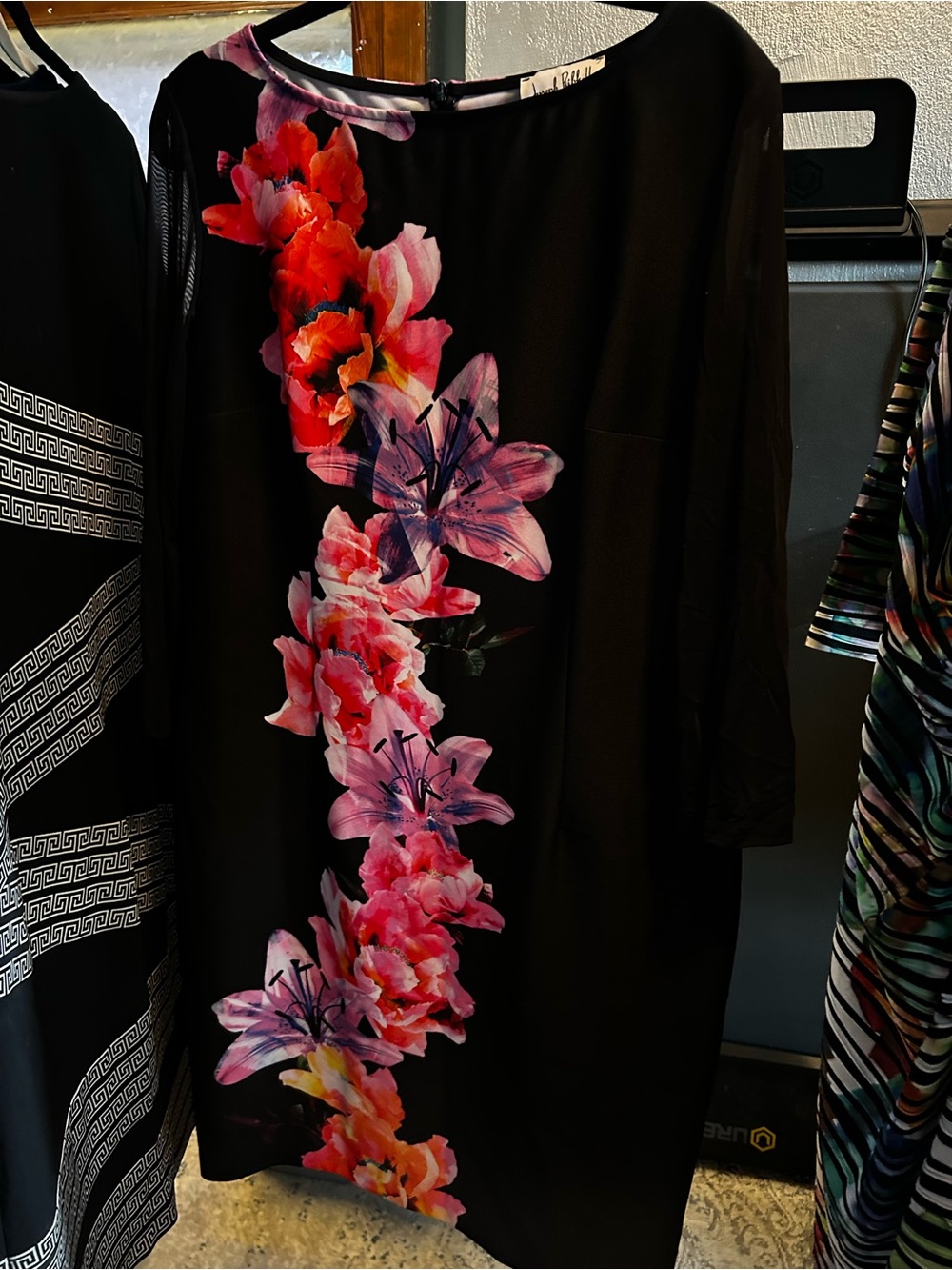 Joseph Ribkoff Black Midi Dress with Pink & Red Floral Cascade